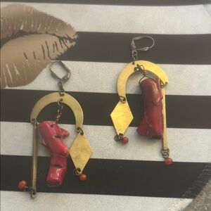 Artistic Red Jasper and Brass Drop Earrings